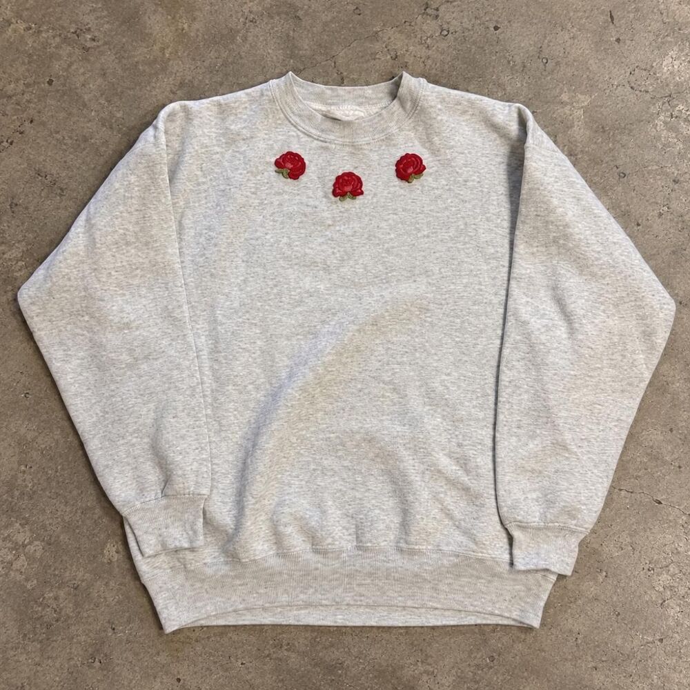 Vintage Hanes Rose Embroidered Gray Crewneck Sweatshirt